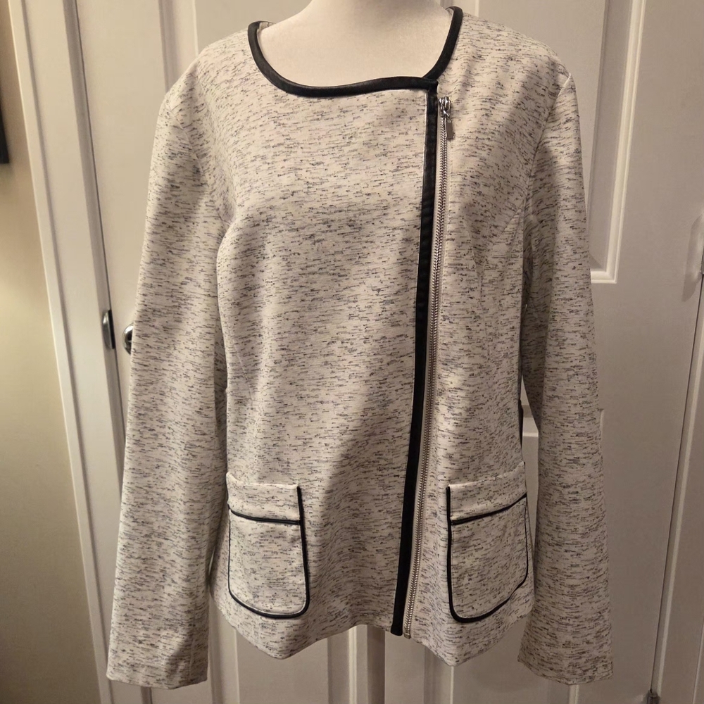 Rafaella White With Heathered Black Side Zip-Up Jacket Size 18W Faux Trim